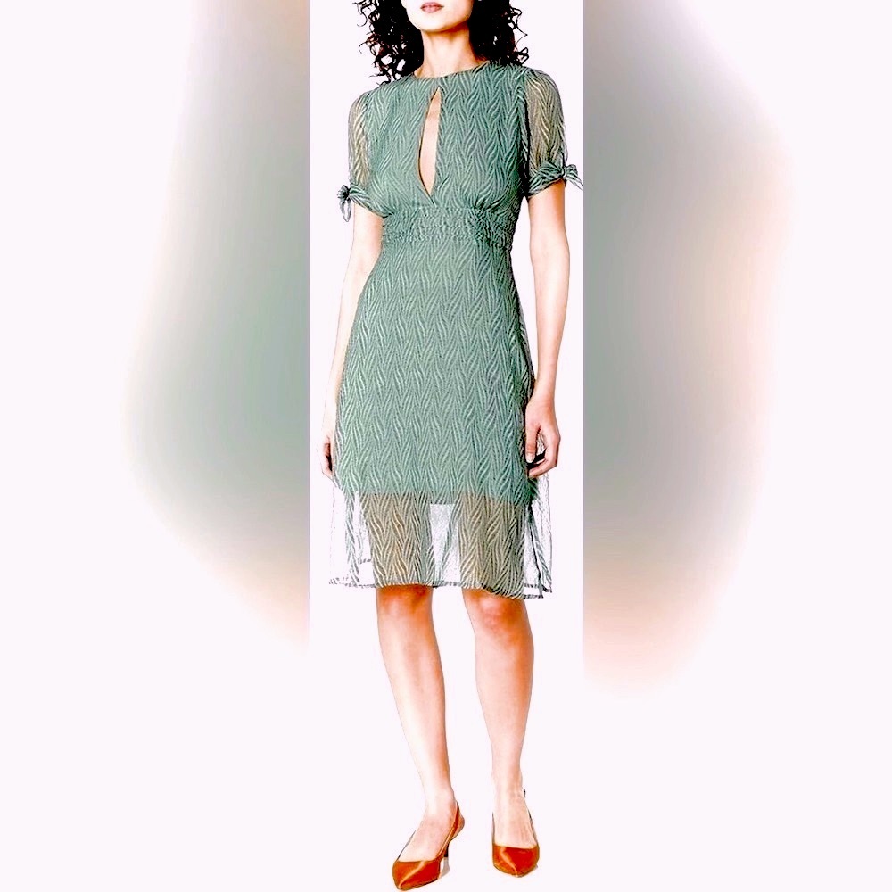 J.O.A Midi Dress Short Puff Sleeves, Pleated Waist, Illusion Hemline, Side Slits